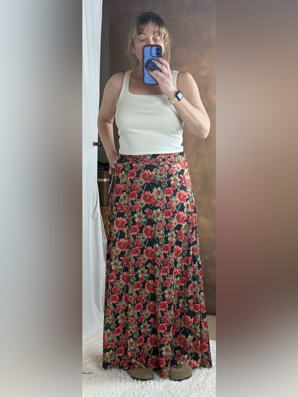 LuLaRoe Black Maxi Skirt with Pink & Green Floral Print